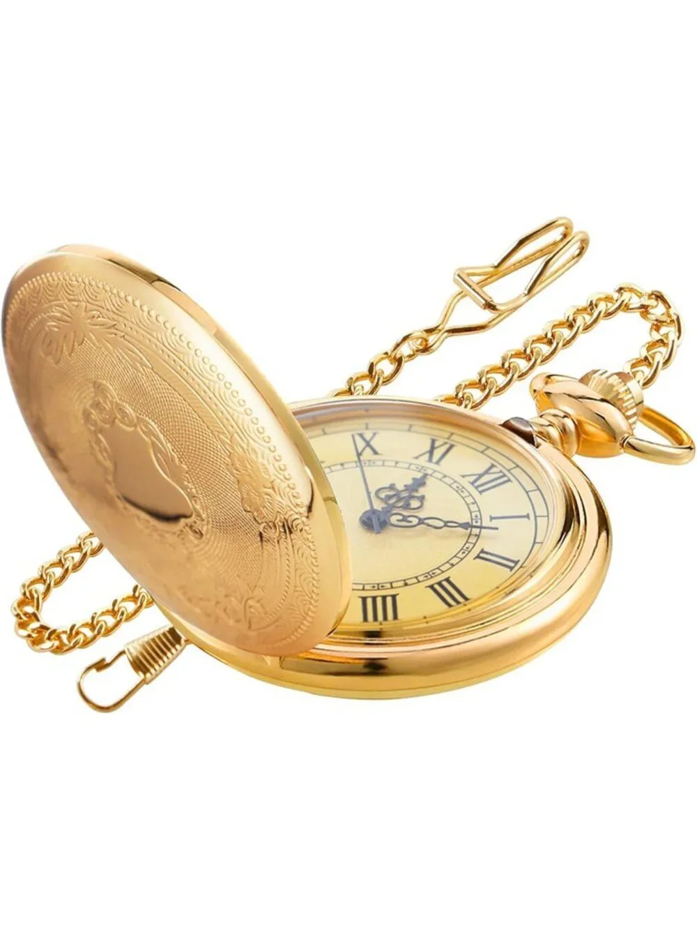 Men's Gold Analog Quartz Flower Arabic Numerals Movement Chain Clip Pocket Watch
